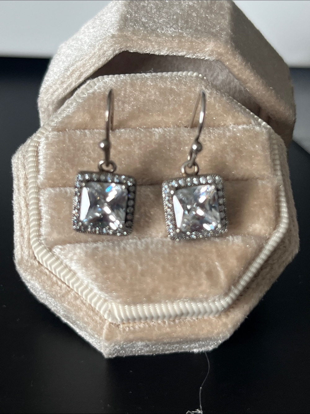 Silver Clear Square CZ Drop Earrings with Pavé Halo